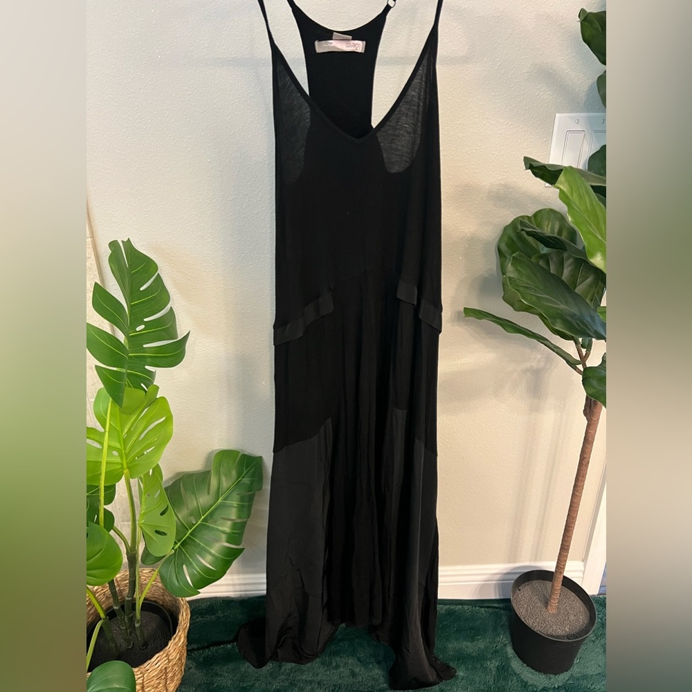 Black multi-fabric spaghetti strap maxi dress with racer back